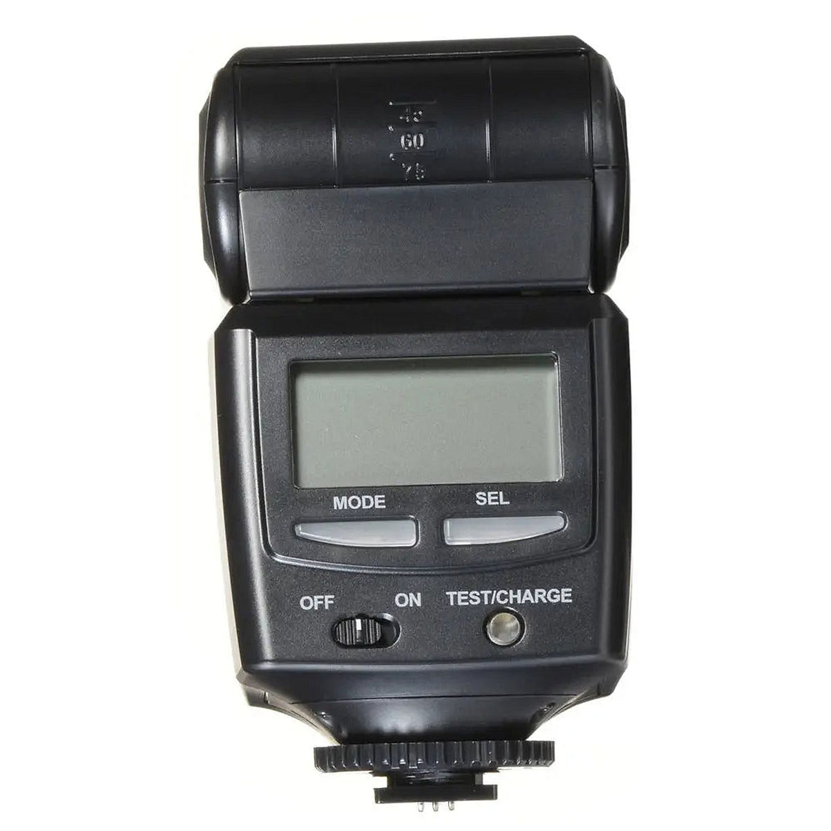 Rear view of the Fujifilm EF-42 shoe-mount flash showing its LCD screen, mode controls and test button.