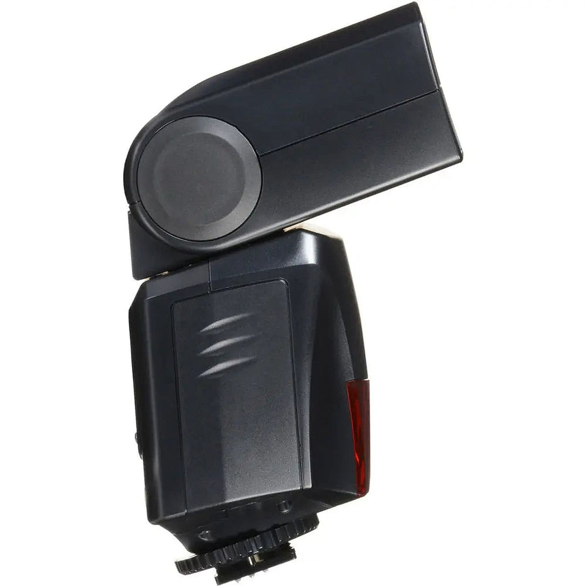 Side view of the Fujifilm EF-42 flash with the head tilted upward, showing its bounce hinge and hot-shoe mount.
