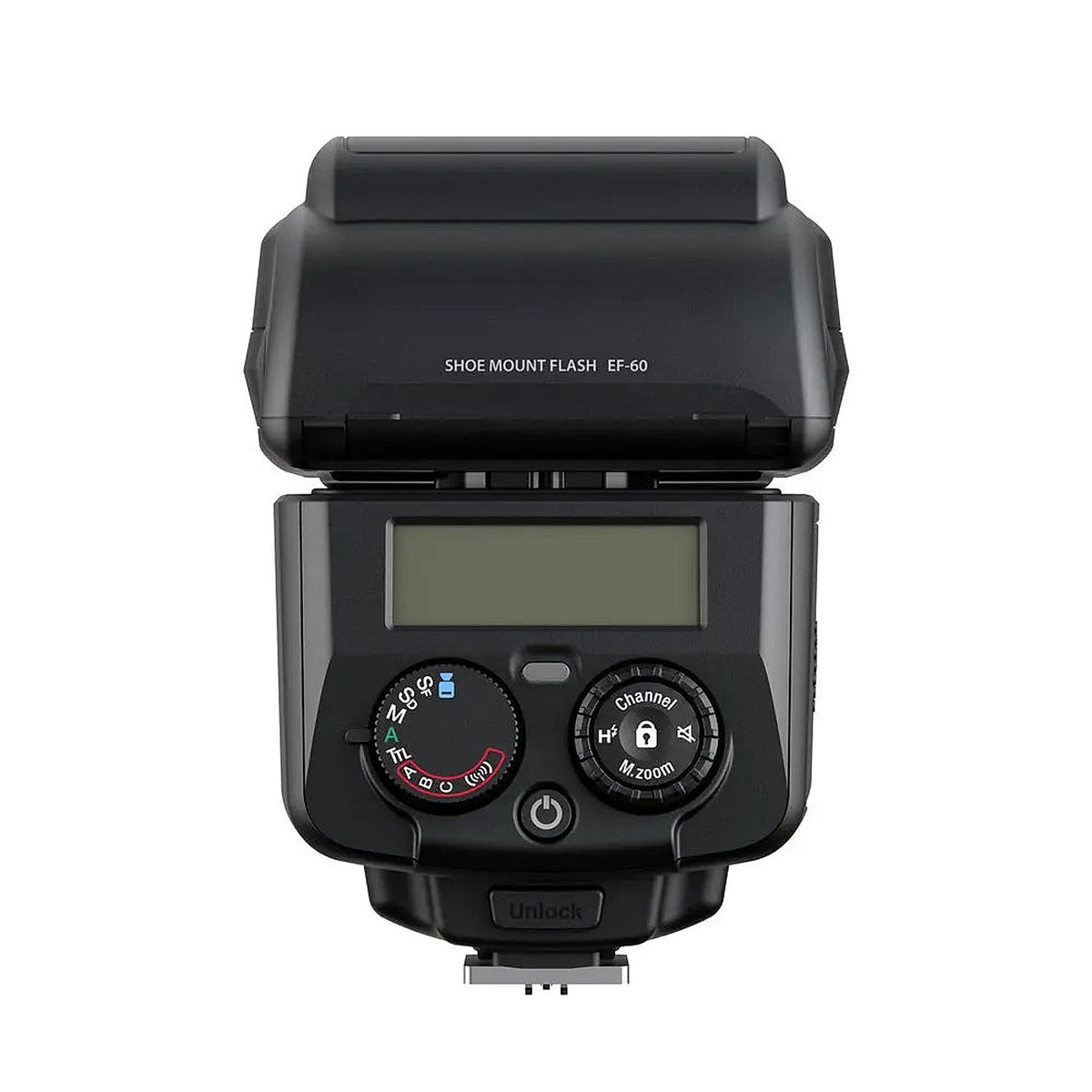 Fujifilm EF-60 shoe-mount flash, rear view showing the LCD screen and wireless flash controls