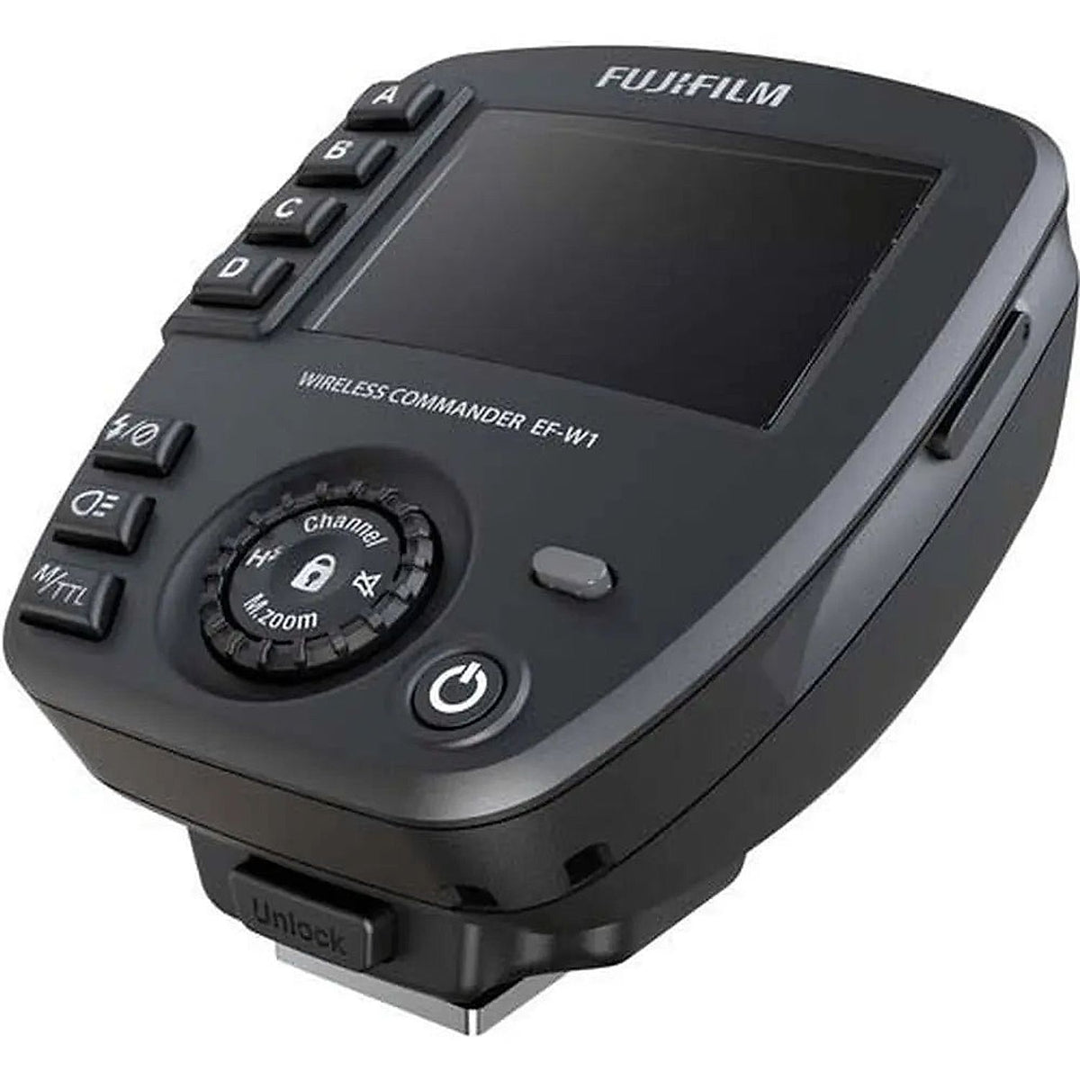 Angled right-side view of the Fujifilm EF-W1 wireless flash commander showing the control dial and hot-shoe foot.