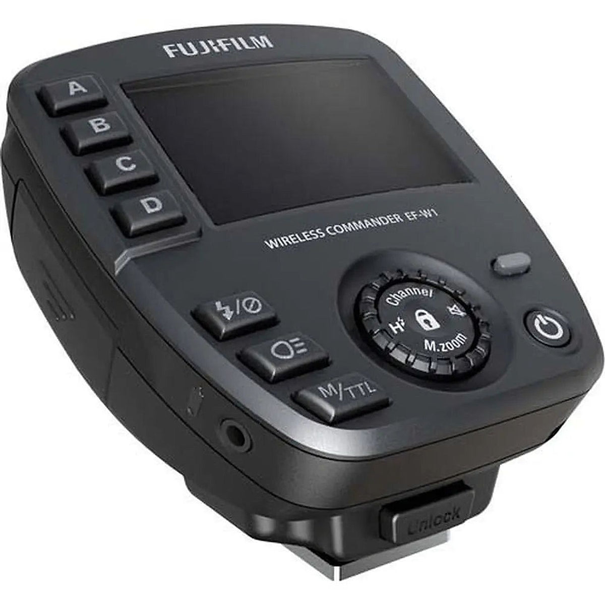 Angled left-side view of the Fujifilm EF-W1 wireless flash commander showing the group buttons and LCD panel.