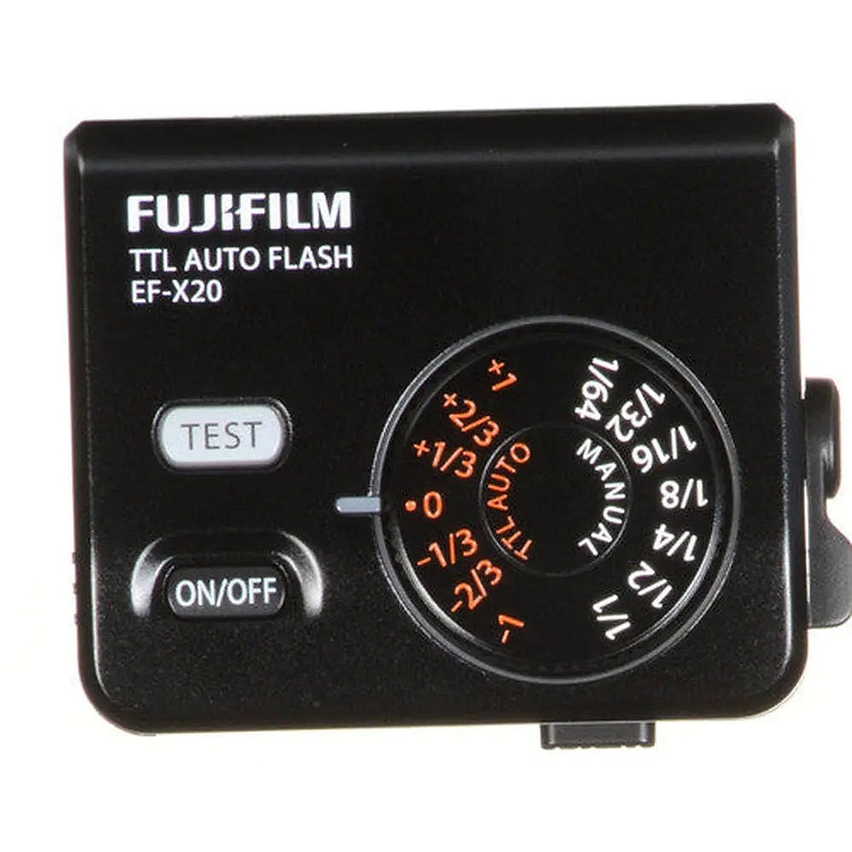 Fujifilm EF-X20 shoe-mount flash, top view showing the manual power and TTL compensation dial, TEST and ON/OFF buttons
