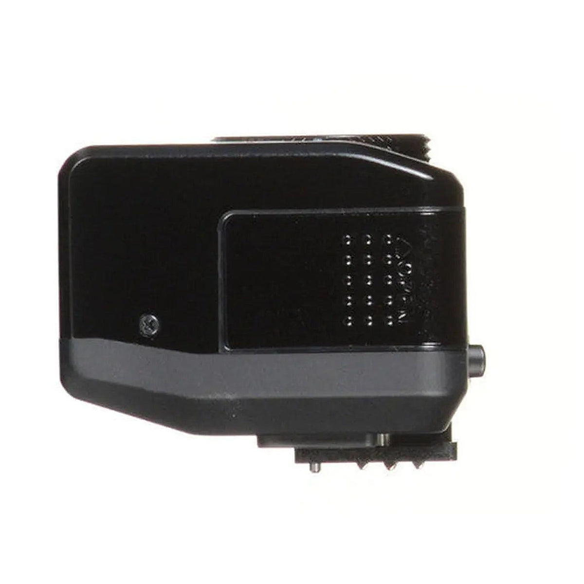 Fujifilm EF-X20 shoe-mount flash, side view showing the battery compartment cover and hot-shoe foot
