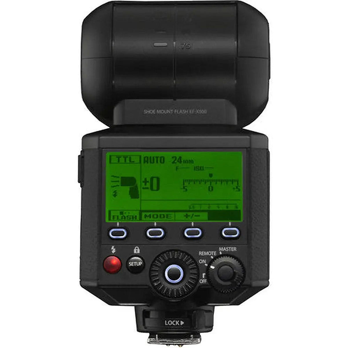 Fujifilm EF-X500 flash, rear view showing illuminated LCD and flash controls