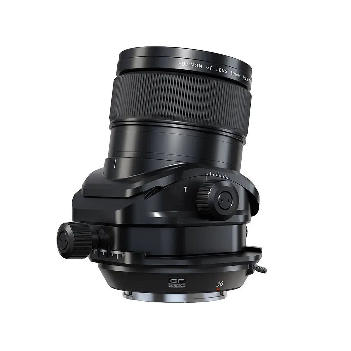 Fujifilm GF30mmF5.6 T/S lens with the tilt mechanism adjusted, showing the tilt-shift controls.