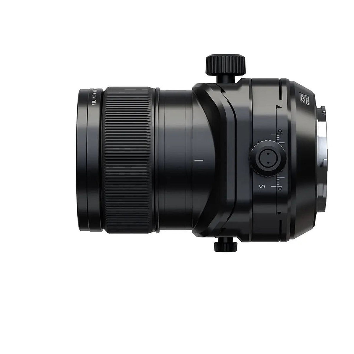 Side profile of the Fujifilm GF30mmF5.6 T/S lens showing the adjustment knobs and mounting end.