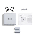 Fujifilm instax Link WIDE Ash White printer with supplied stand cable and printed guide
