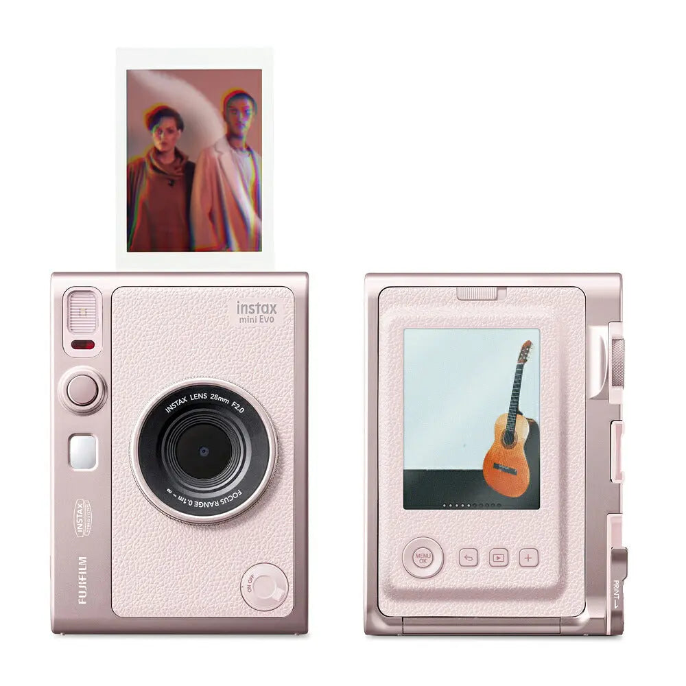 Fujifilm Instax Mini Evo Gentle Rose pink hybrid camera front and rear views