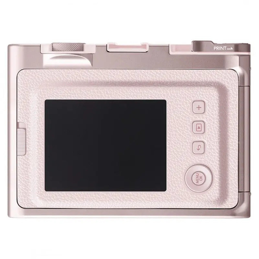 Fujifilm Instax Mini Evo Gentle Rose rear display and camera controls close-up