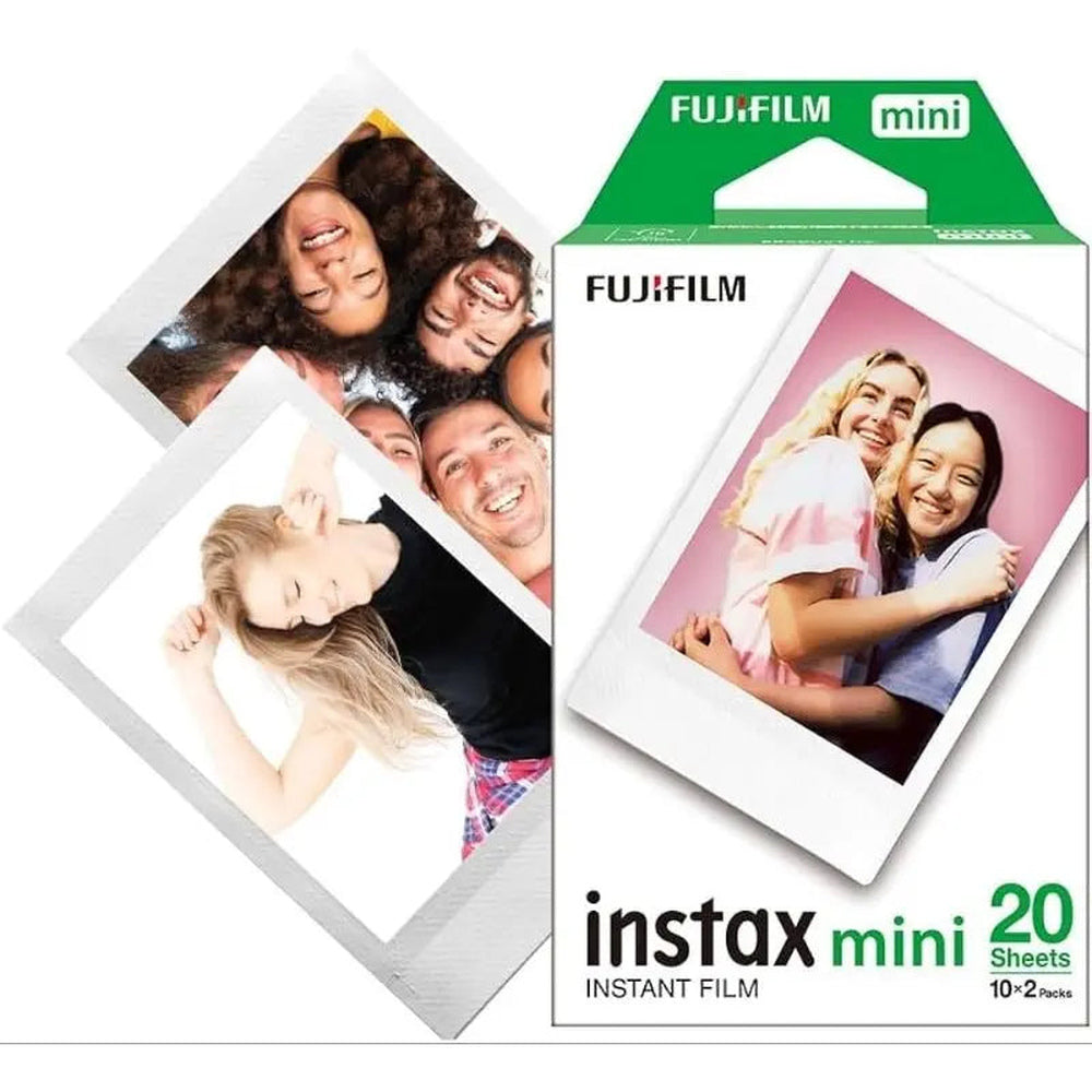 Fujifilm instax mini 20 sheets box and sample white-border instant prints