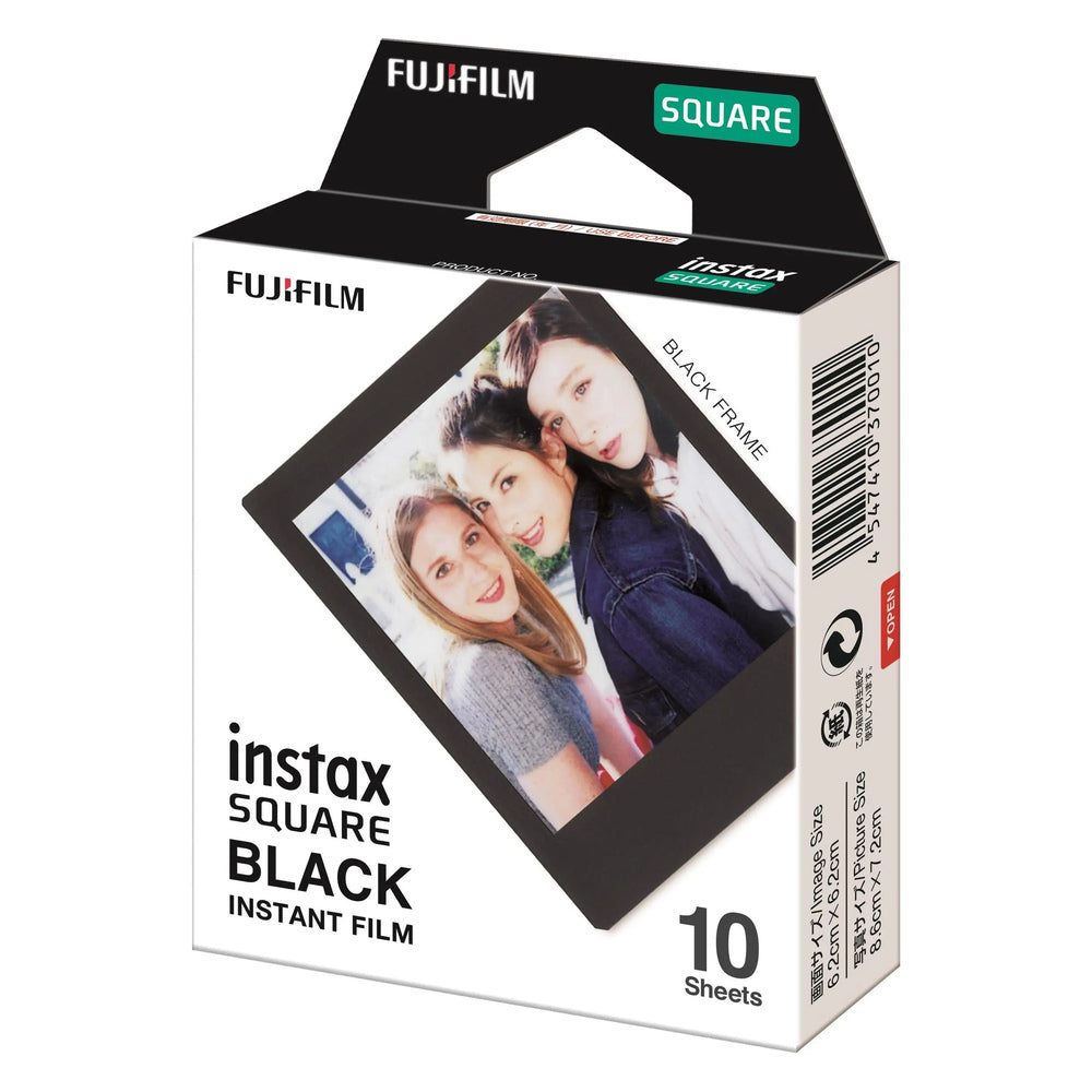 Fujifilm instax SQUARE Black 10-sheet film retail carton three-quarter angled view