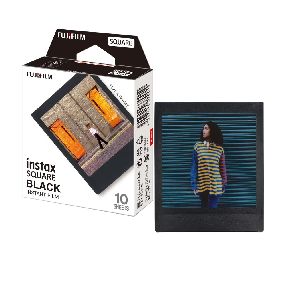 Fujifilm instax SQUARE Black film box with sample square instant photo in black frame