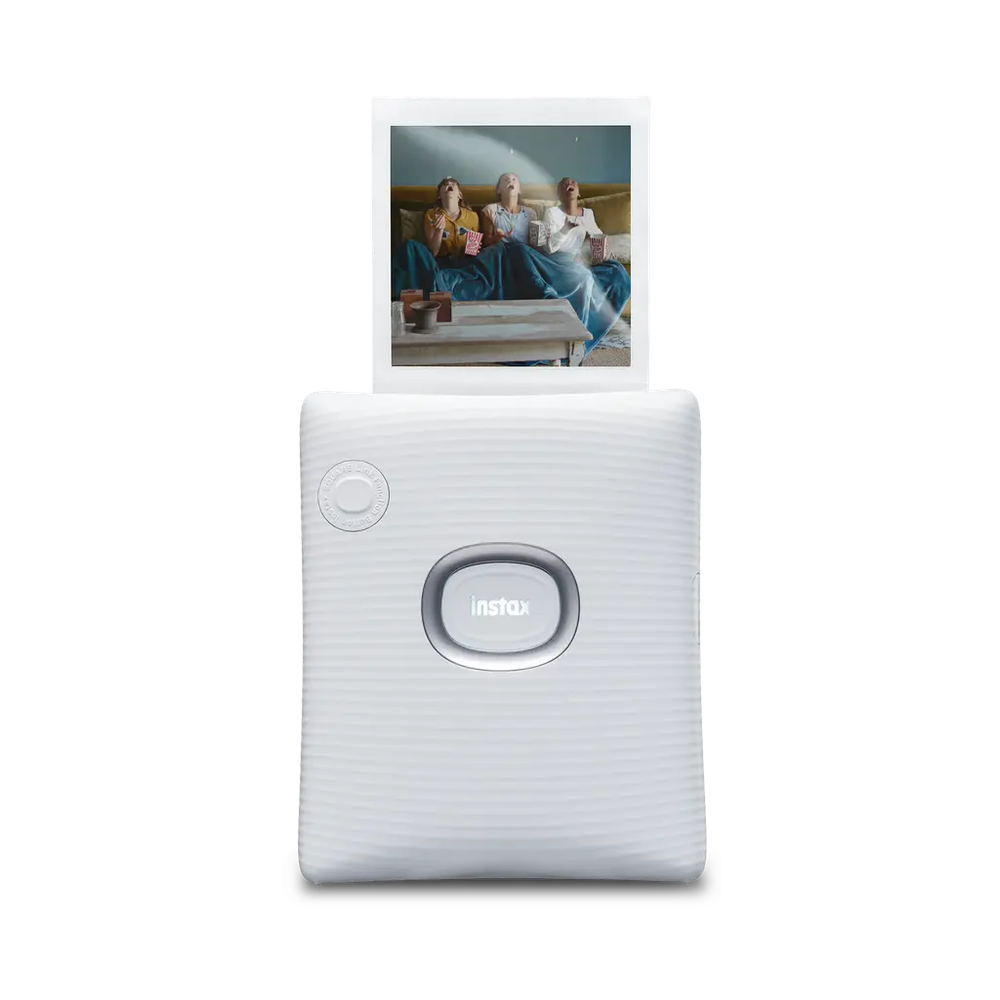 Fujifilm instax SQUARE Link Ash White printer front view outputting square film print