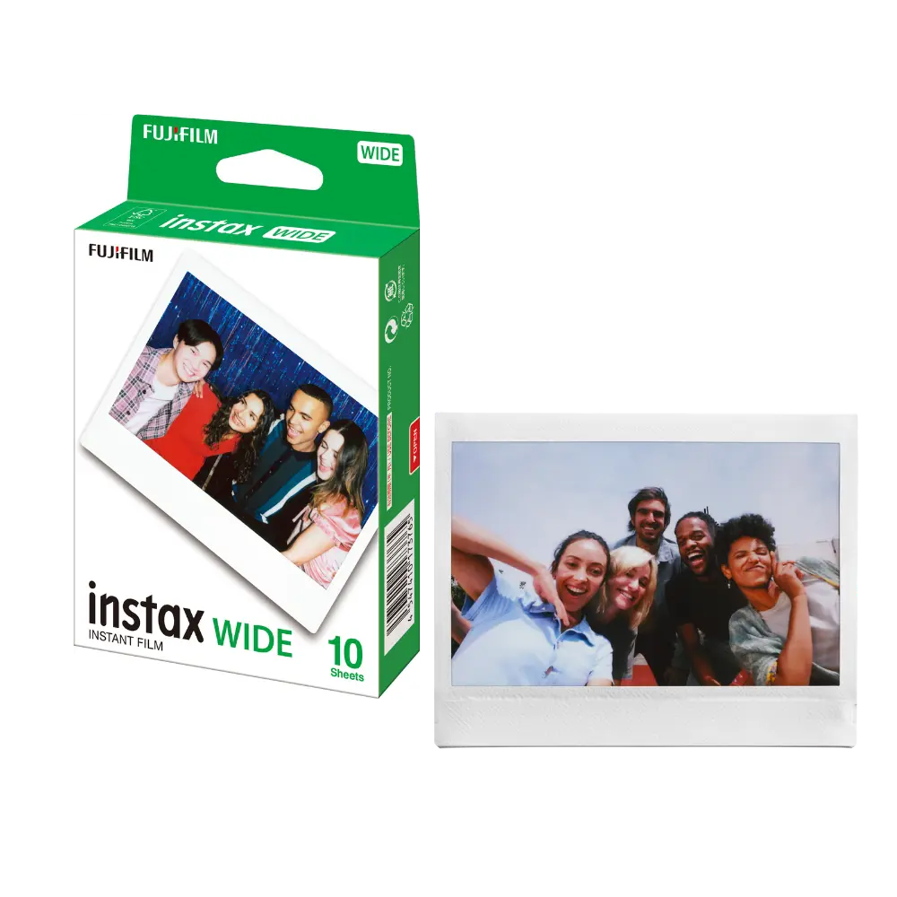 Fujifilm Instax Wide 10-sheet white-frame film box with sample developed instant photograph