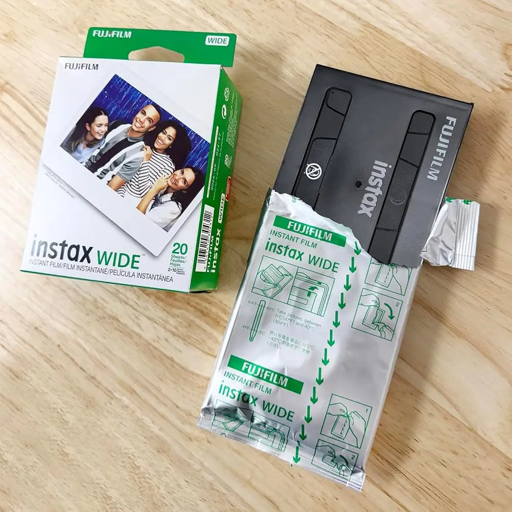 Fujifilm instax WIDE 20-shot film twin pack box, sealed film pouch and cartridge