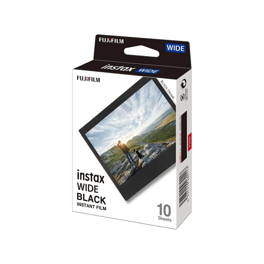 Fujifilm instax WIDE Black 10-sheet film box photographed at a three-quarter angle