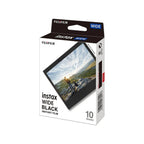 Fujifilm instax WIDE Black 10-sheet film box photographed at a three-quarter angle