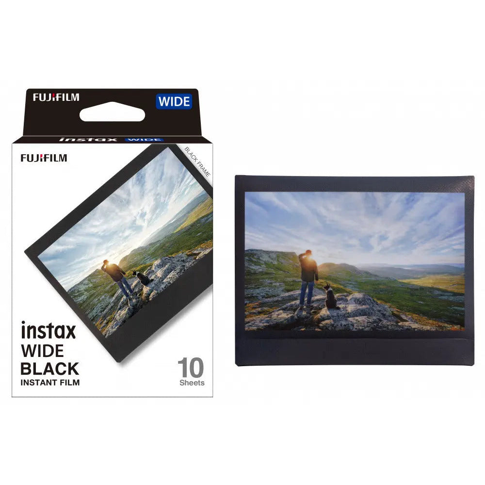 Fujifilm instax WIDE Black 10-sheet pack shown with example black-frame wide print