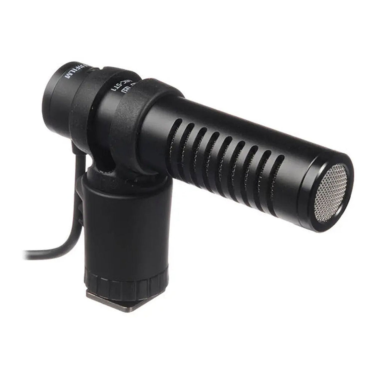 Fujifilm MIC-ST1 stereo microphone with its foam windscreen removed, showing the microphone grille and camera shoe mount.