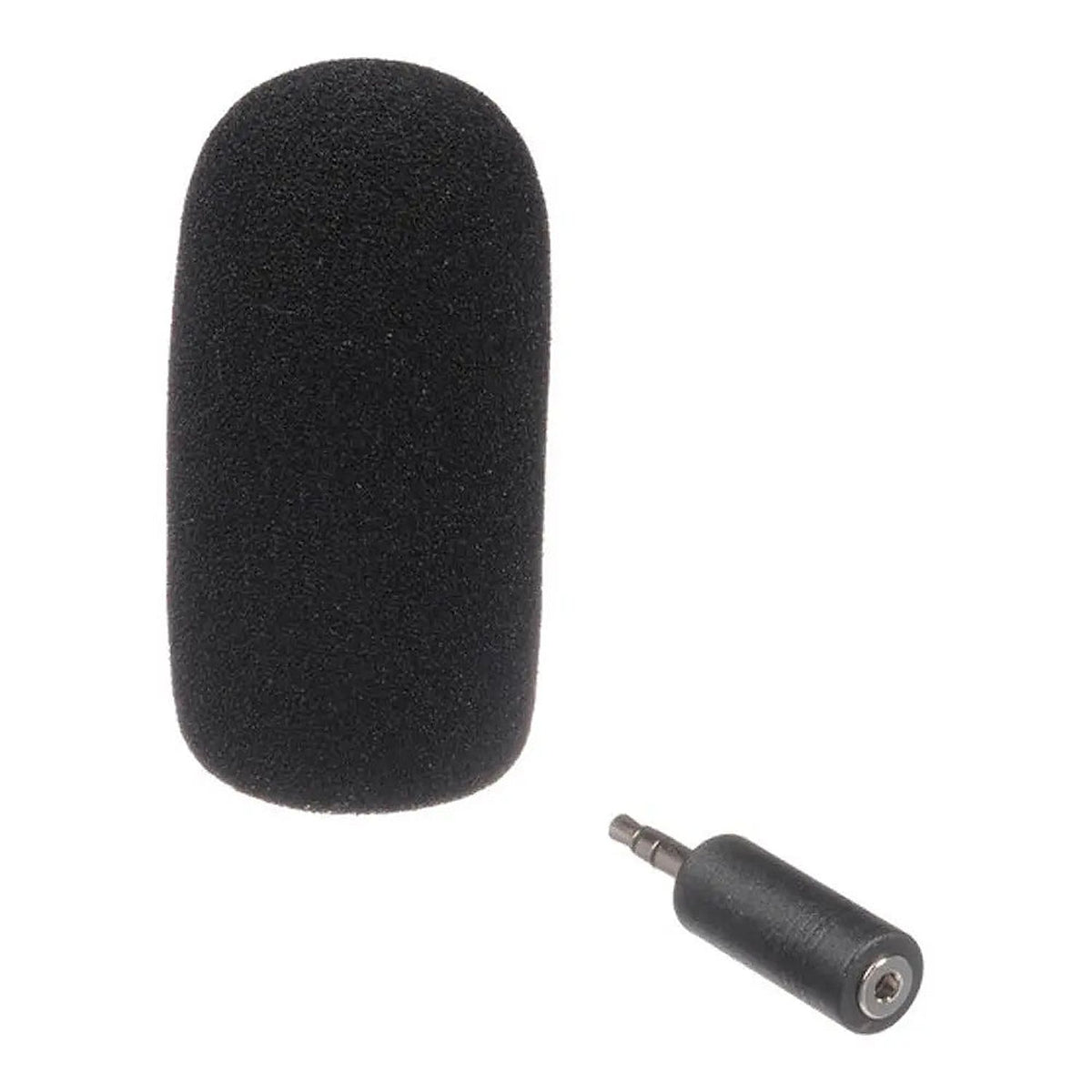 Foam windscreen and audio jack adapter supplied with the Fujifilm MIC-ST1 stereo microphone.