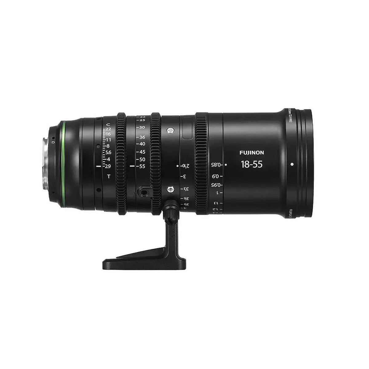 Fujifilm Fujinon MKX18-55mmT2.9 X-Mount Cinema Lens — side view of cinema lens with geared rings and support foot