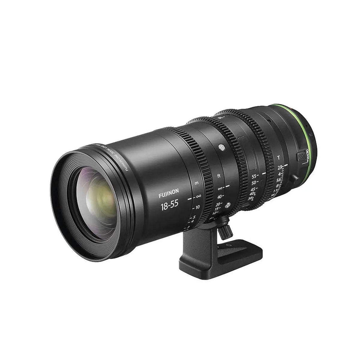 Fujifilm Fujinon MKX18-55mmT2.9 X-Mount Cinema Lens — angled front view showing lens glass and support foot