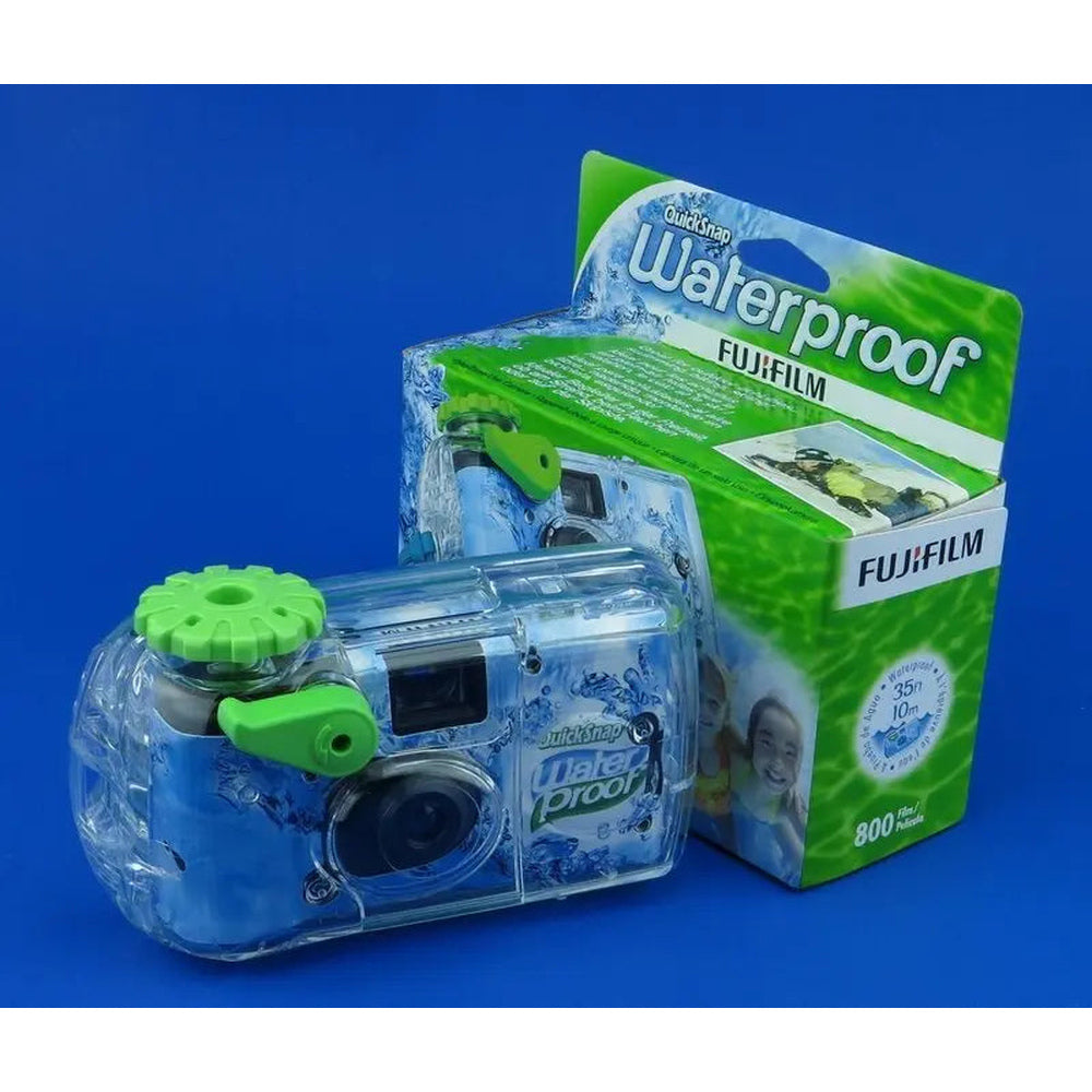 Fujifilm QuickSnap Waterproof 35mm ISO 800 single-use camera and 27-exposure retail carton front