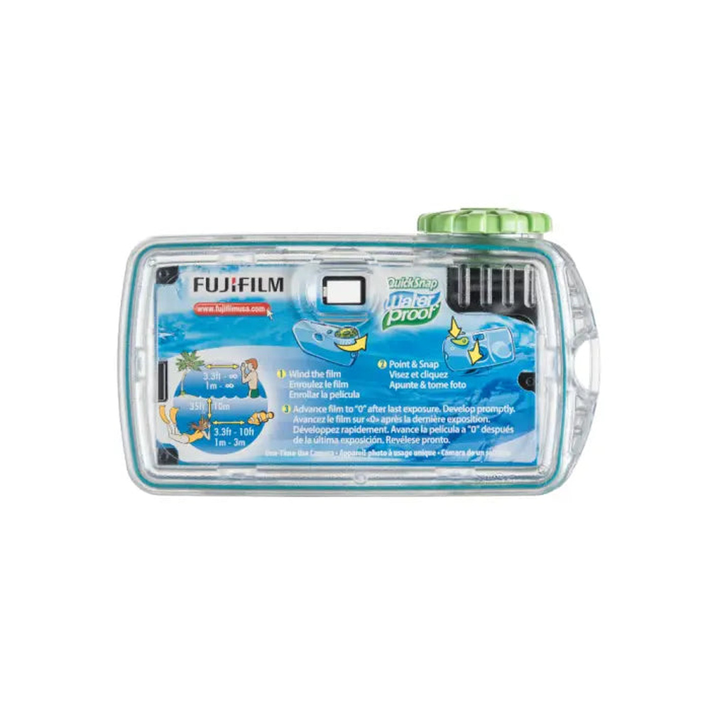 Fujifilm QuickSnap Waterproof 27-exposure camera rear view showing exposure counter and shutter instructions