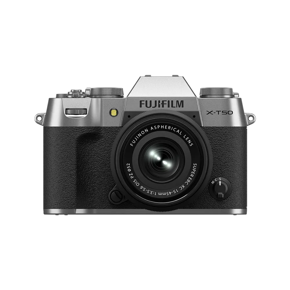 Fujifilm X-T50 Mirrorless Camera - Silver with XC15-45mm lens, front view