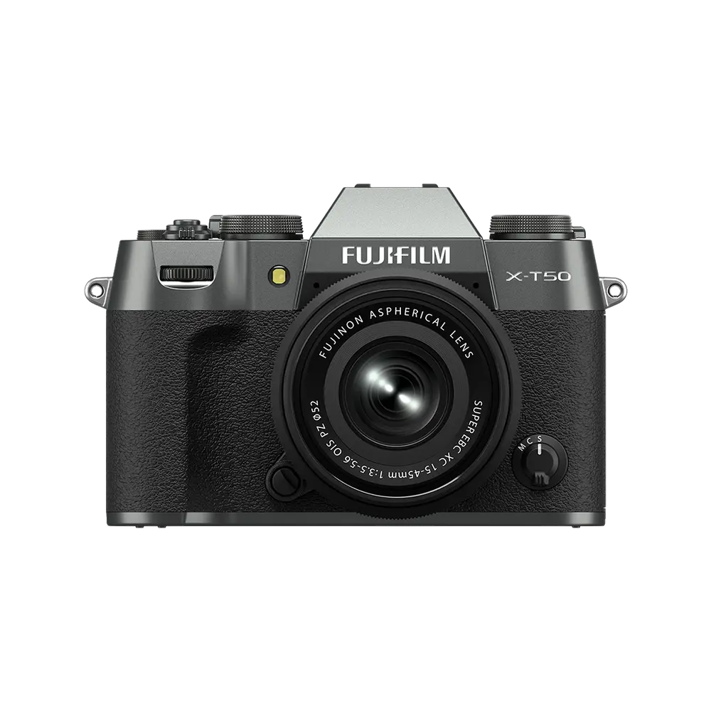 Fujifilm X-T50 Mirrorless Camera - Charcoal Silver with XC15-45mm lens, front view