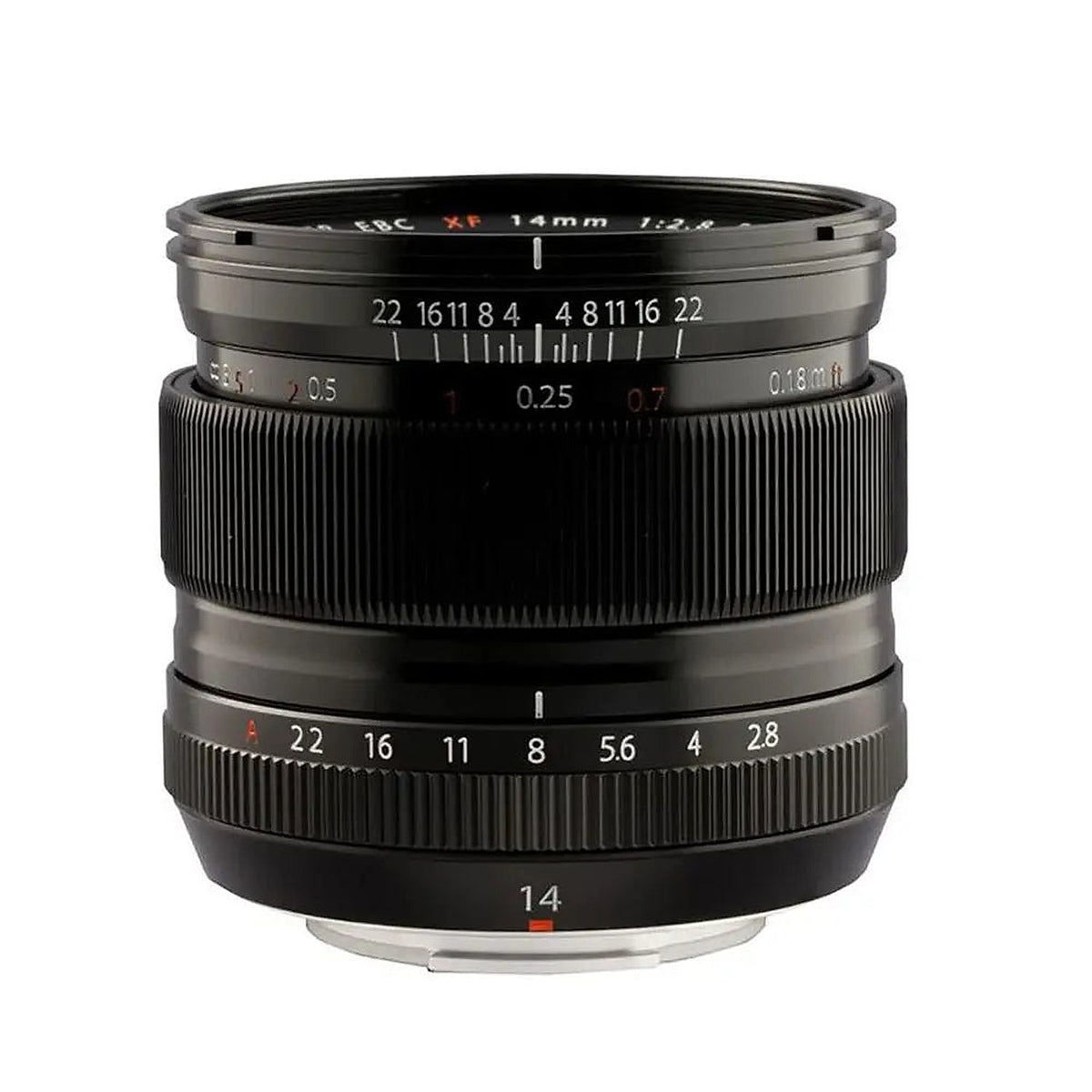 Side view of the Fujifilm Fujinon XF14mmF2.8 R lens showing the focus distance scale and aperture ring.
