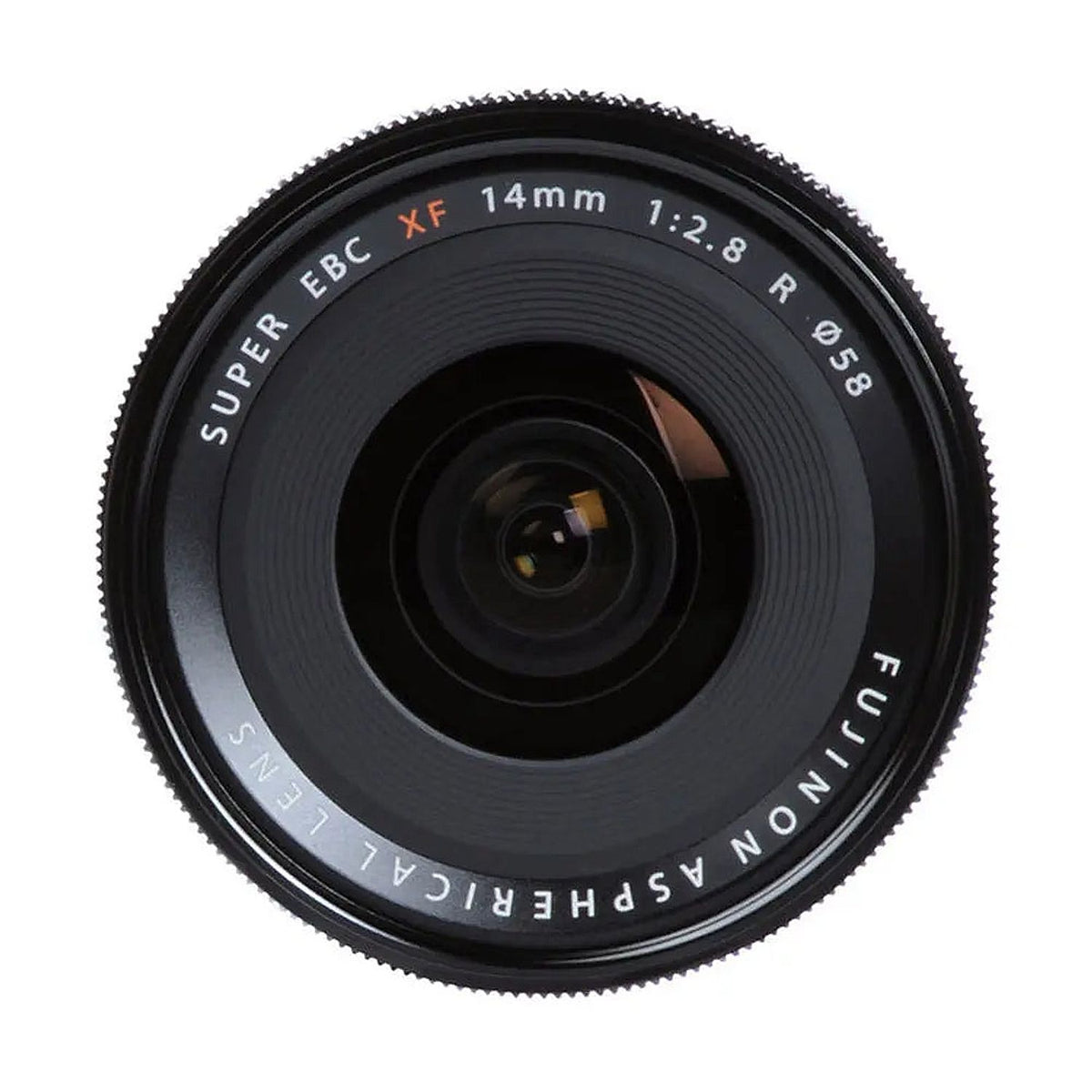 Front view of the Fujifilm Fujinon XF14mmF2.8 R lens showing the front glass and lens identification.