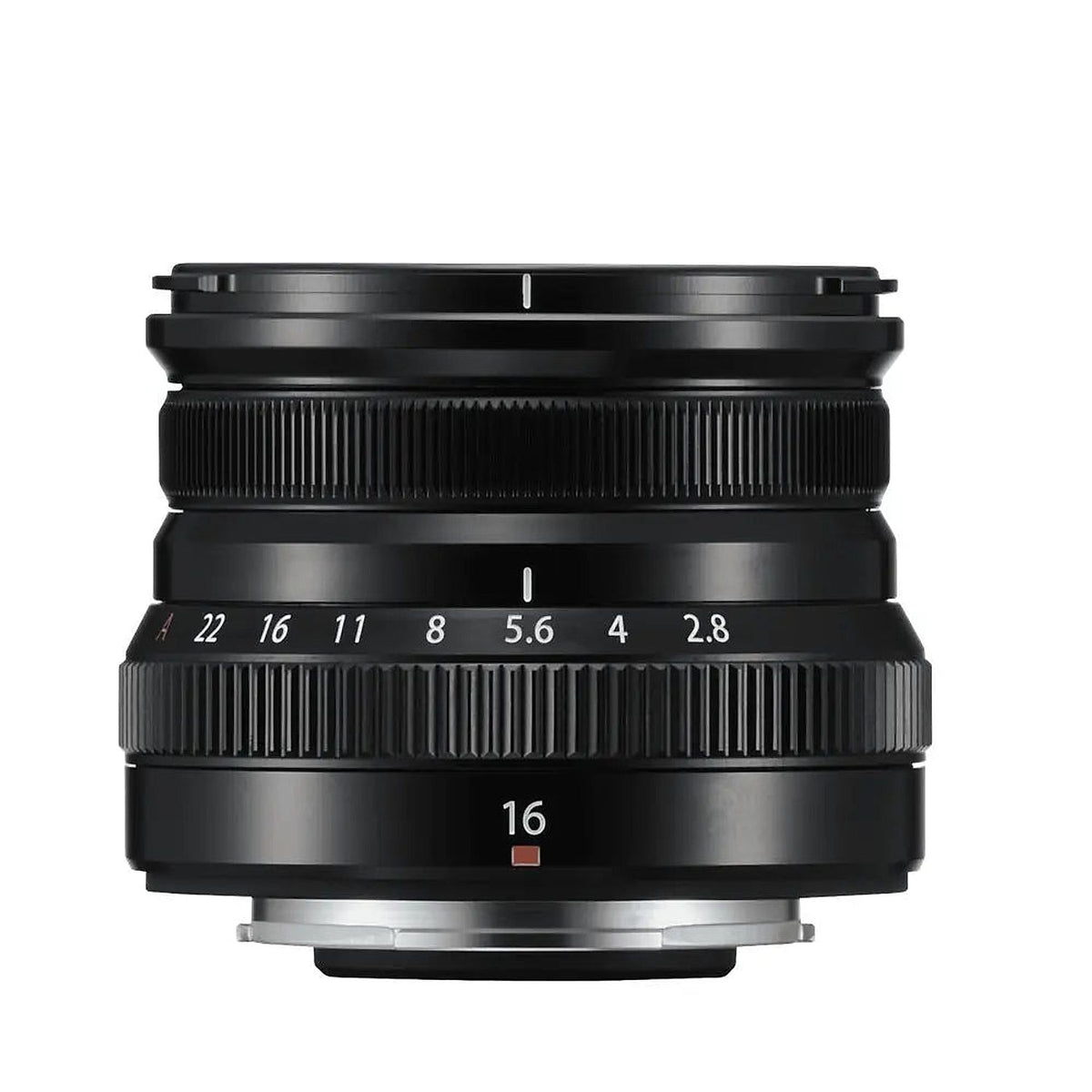 Fujifilm Fujinon XF16mmF2.8 R WR Lens — side view showing focus and aperture rings