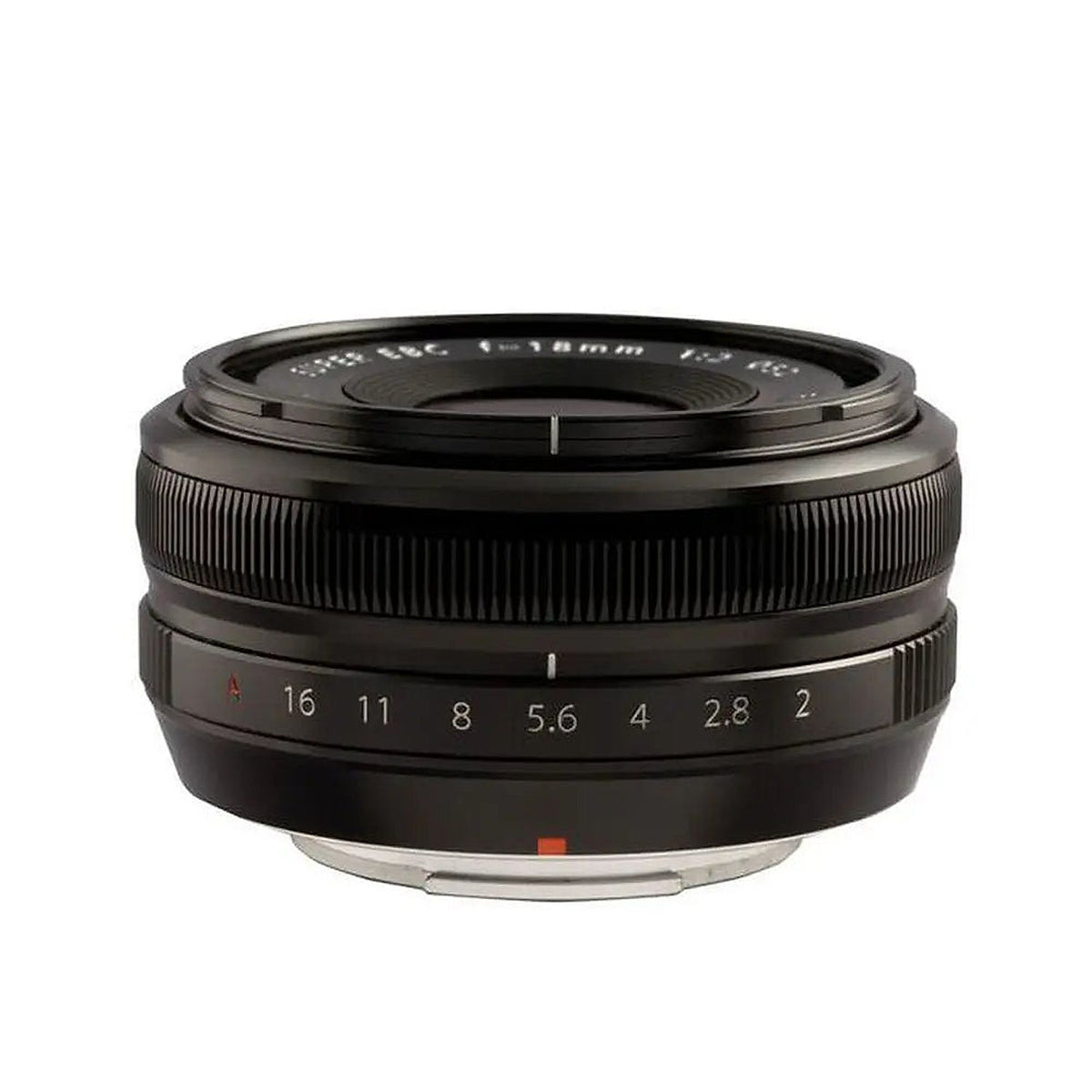 Side view of the Fujifilm Fujinon XF18mmF2 R pancake lens showing its aperture ring and compact barrel.