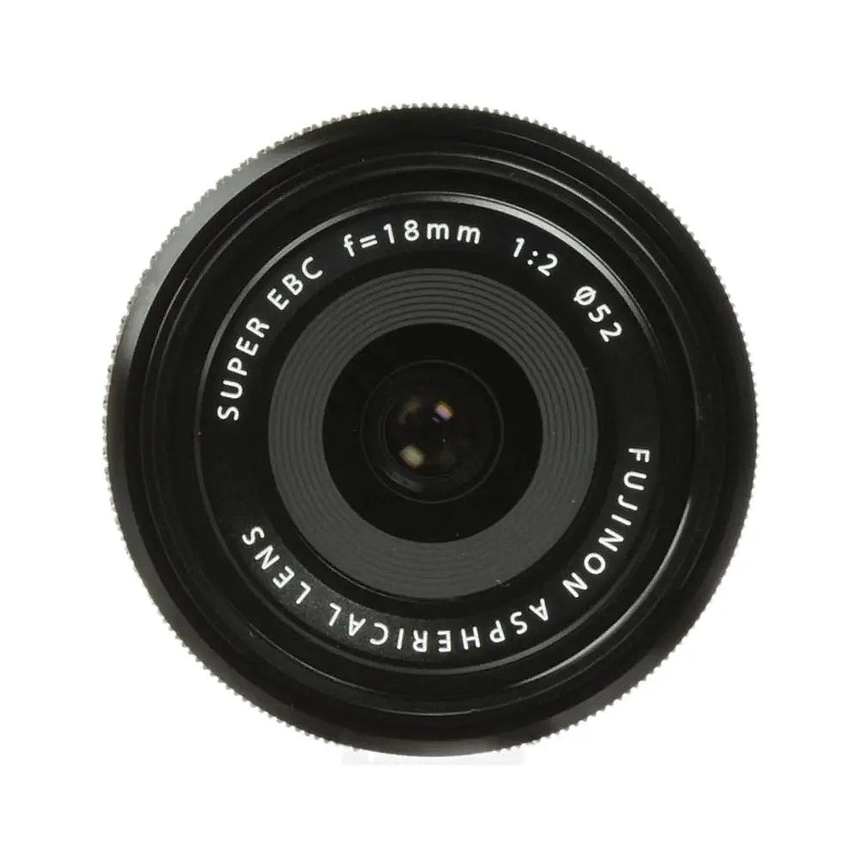 Front view of the Fujifilm Fujinon XF18mmF2 R lens showing the front element and 52mm filter-thread marking.