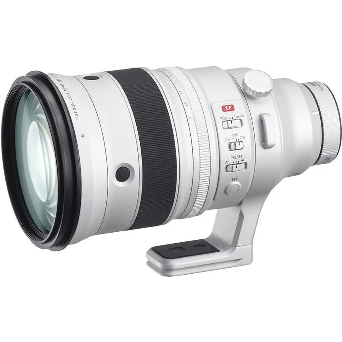 Fujifilm Fujinon XF200mmF2 R LM OIS WR telephoto lens, angled view showing front glass, controls and tripod foot