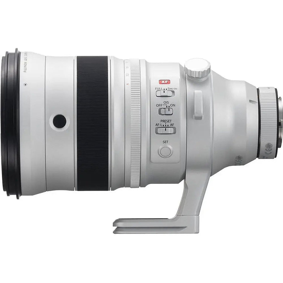 Side view of Fujifilm XF200mmF2 R LM OIS WR telephoto lens showing control switches and tripod mount