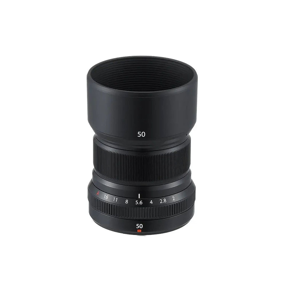 Fujifilm Fujinon XF50mmF2 R WR Lens — lens with round hood attached