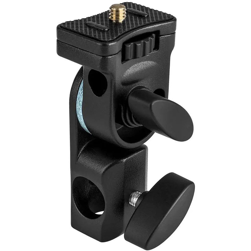 Godox AD-E2 metal flash bracket, angled view showing the mounting screw, tilt joint and locking knobs