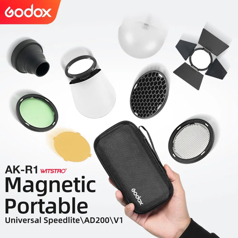 Godox AK-R1 magnetic flash accessory set arranged around its portable carrying pouch
