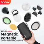 Godox AK-R1 magnetic flash accessory set arranged around its portable carrying pouch