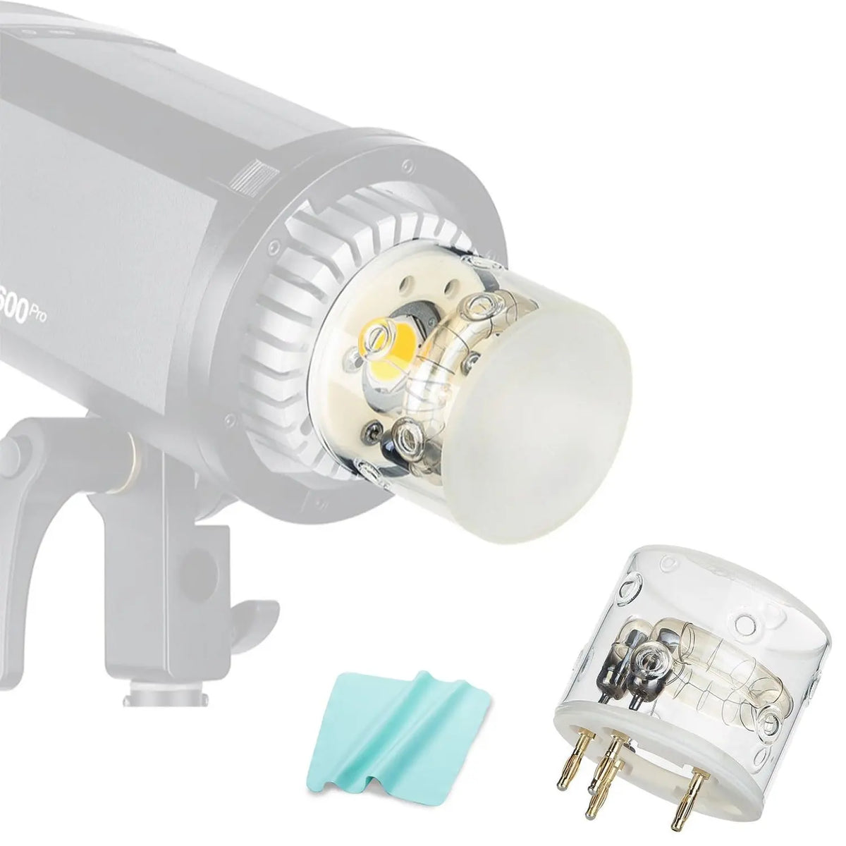 Godox FT-AD600Pro flash tube replacement shown beside compatible AD600Pro flash head to illustrate installation; strobe head is not included