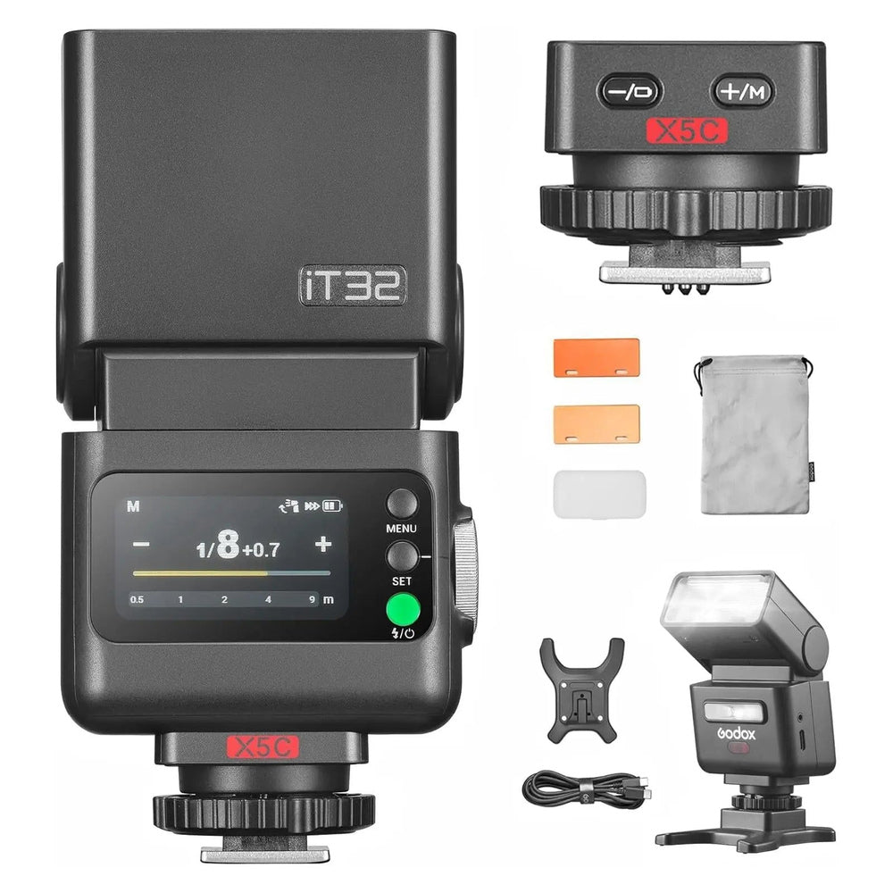 Godox iT32 flash and X5C Canon trigger product kit with filters, charging cable and pouch