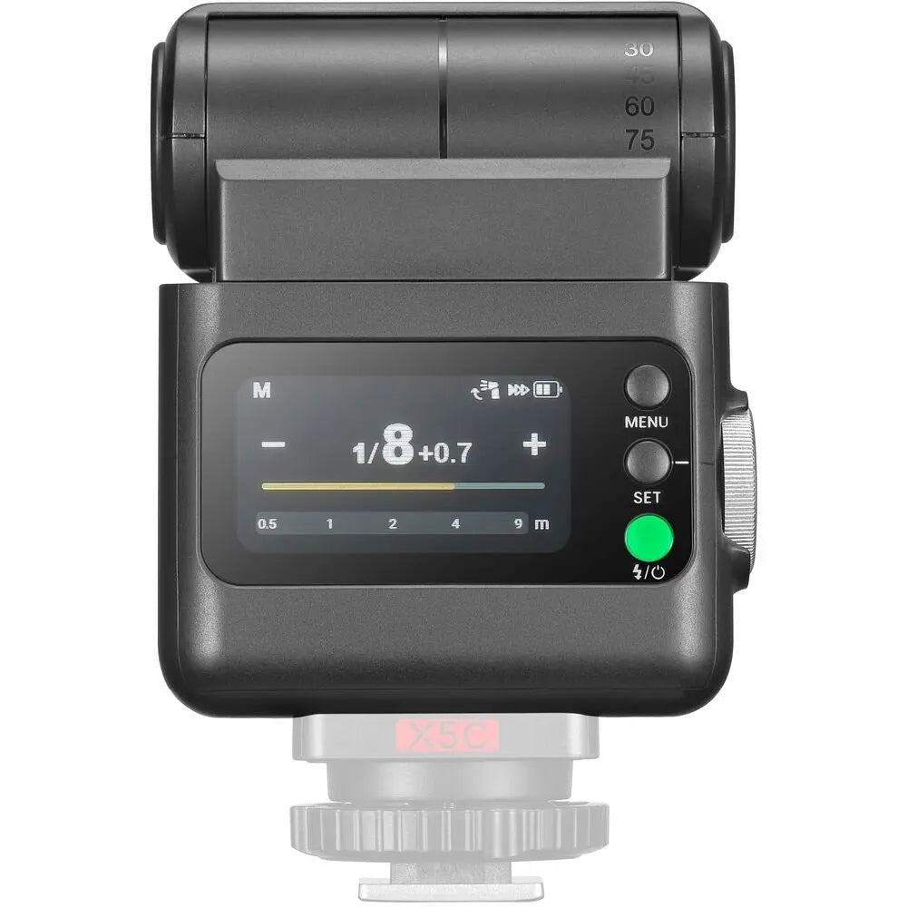 Godox iT32 Canon kit rear touchscreen and controls mounted on X5C hot-shoe base
