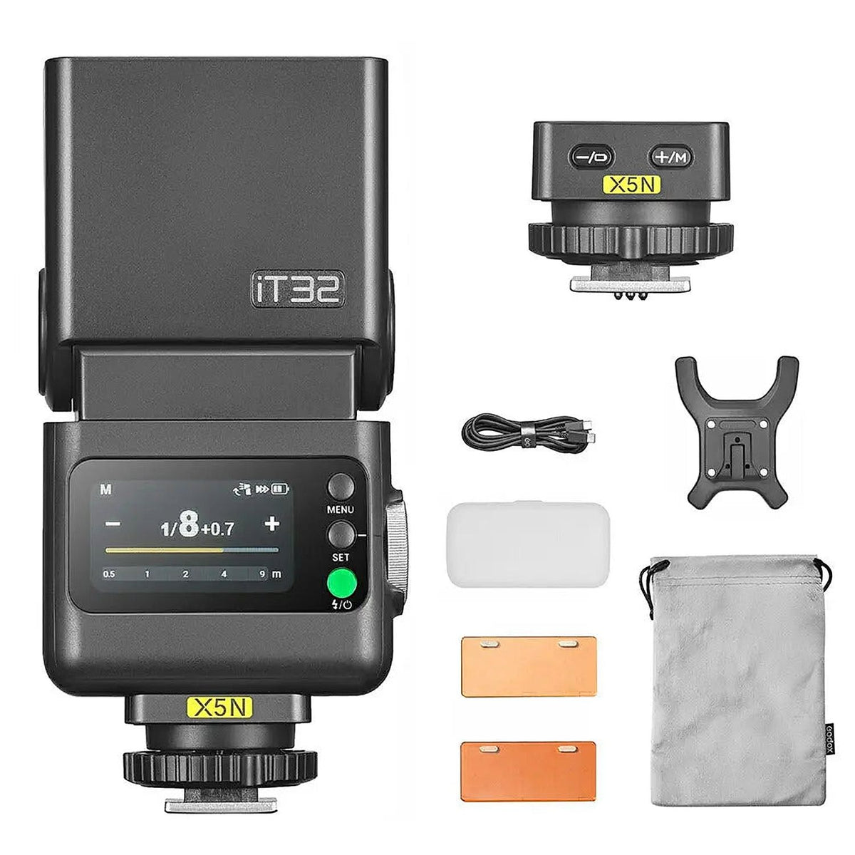 Godox iT32 Nikon flash kit with yellow-labelled X5N trigger, diffuser, gels, charging cable and pouch