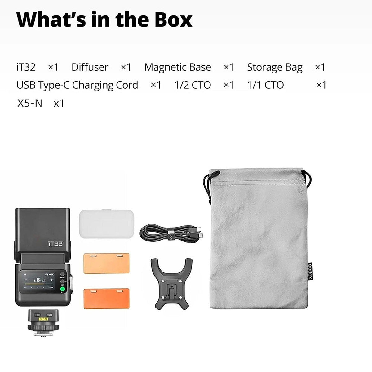 Godox iT32 with yellow X5N Nikon trigger and labelled accessory contents including diffuser, magnetic stand, charging cable and storage pouch