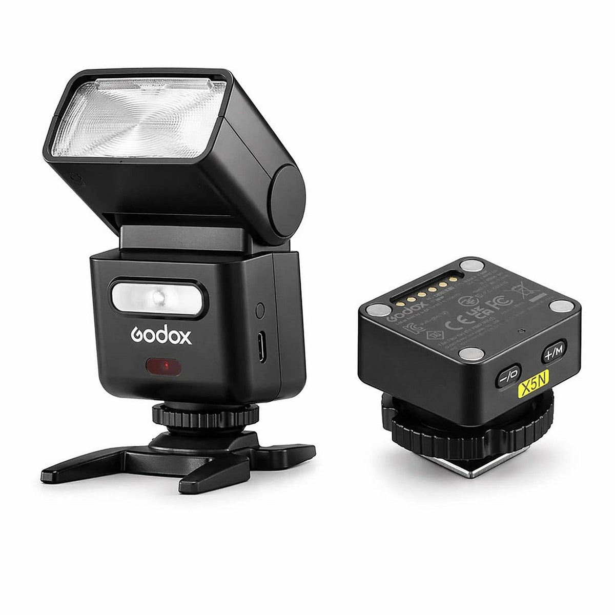 Godox iT32 Nikon flash with raised head and detached yellow X5N wireless trigger