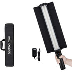 Godox LC500R light wand with barn doors opened, handheld angle