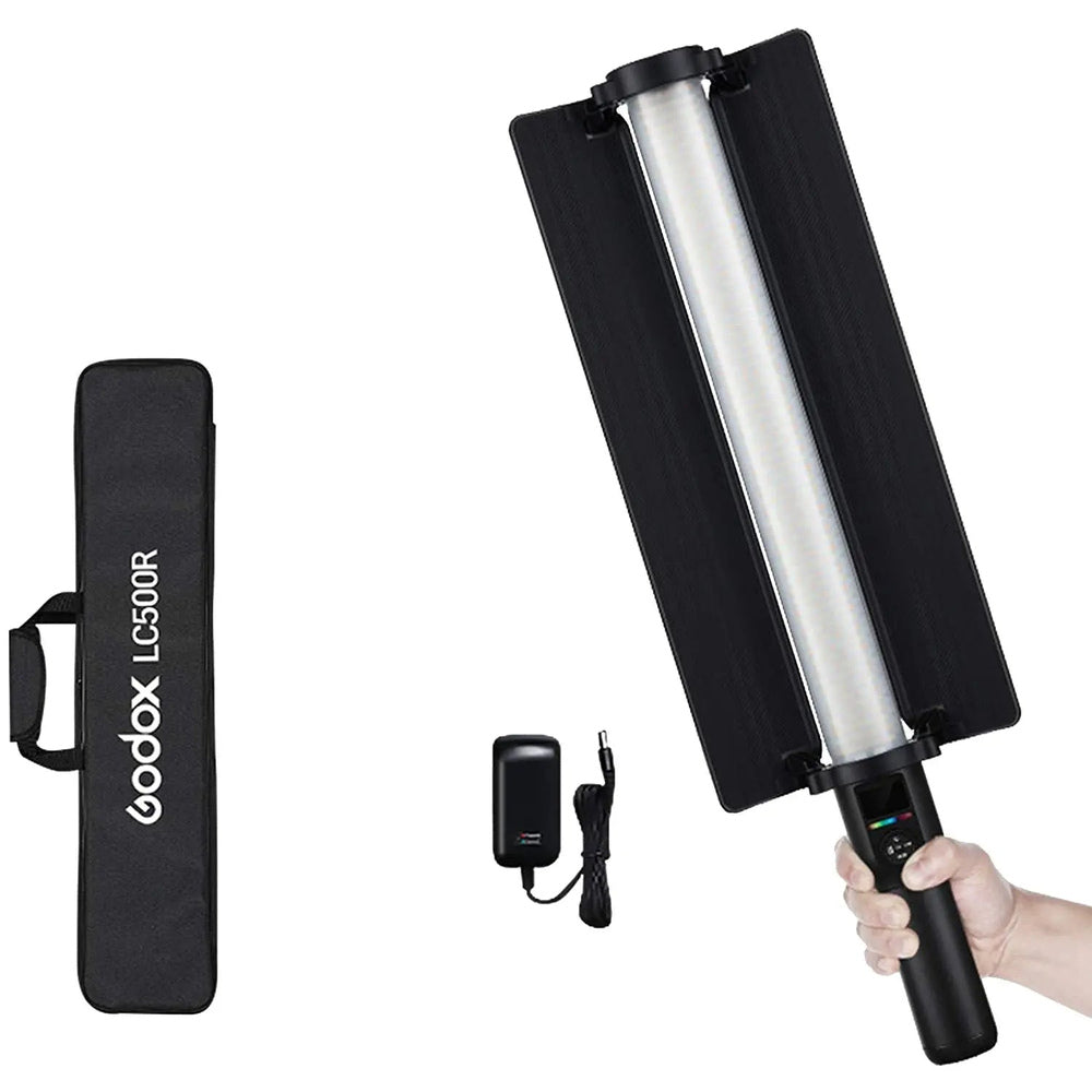 Godox LC500R light wand with barn doors opened, handheld angle