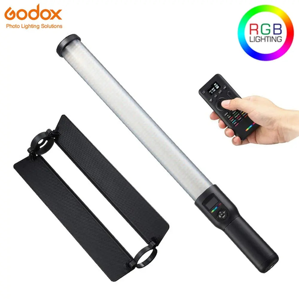 Godox LC500R LED light stick and detached barn doors; optional remote pictured